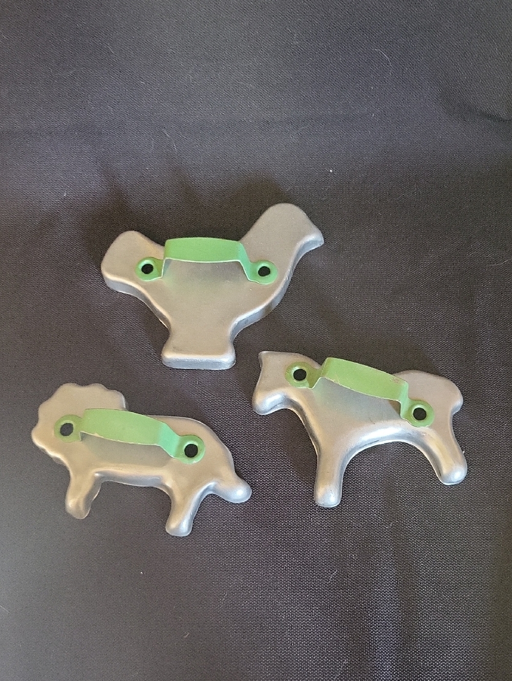 Vintage Set Of 3 Metal Cookie Cutters with Green Handles Bird, Horse, and Lion